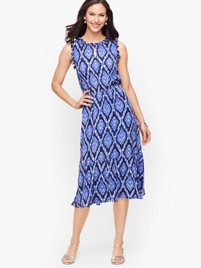 Talbots Ruffle Trim Fit & Flare Dress Blue Print 18